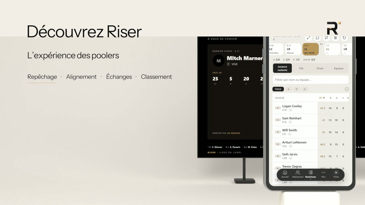 Première image de la vidéo Riser : Découvrez Riser, l'expérience des poolers, avec les écrans du repêchage sur un téléphone et une télé